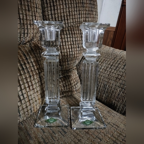 Vintage Shannon Crystal Pillar Candle Holder 10" Pair Heavy Art Deco MCM Marked - Picture 1 of 10